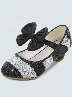 Girls Leather Glitter Heeled Bow Flats By Liv and Mia