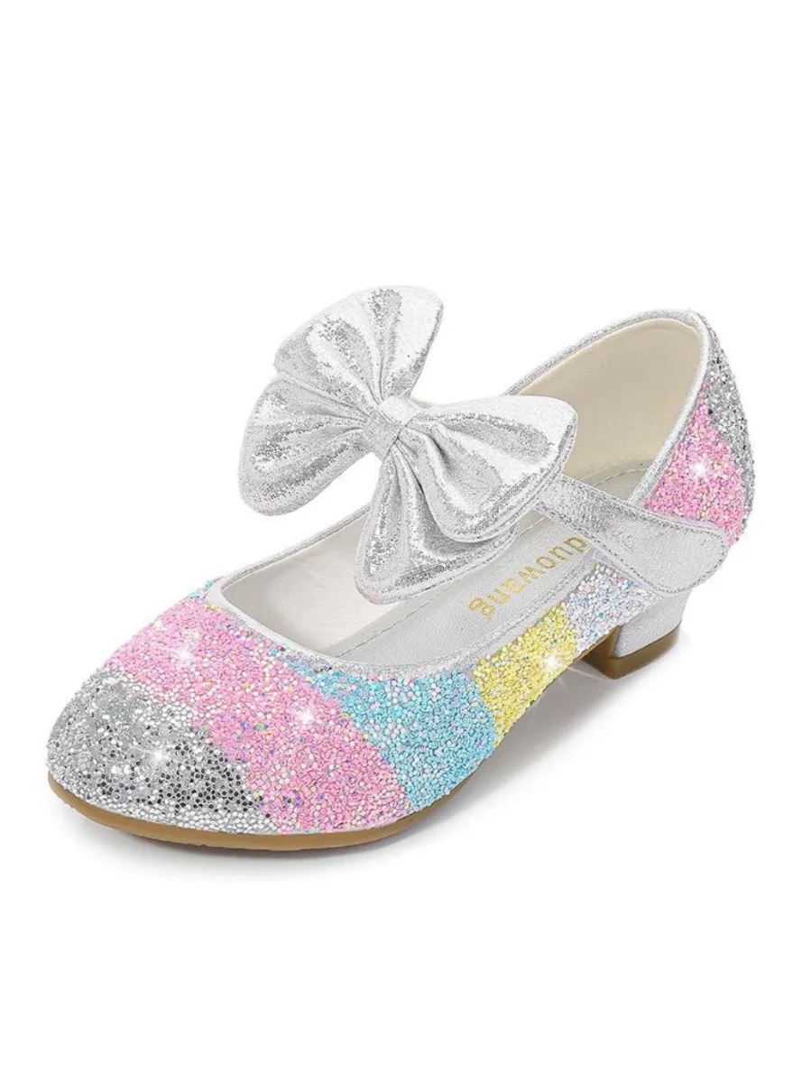 Girls Leather Glitter Heeled Bow Flats By Liv and Mia