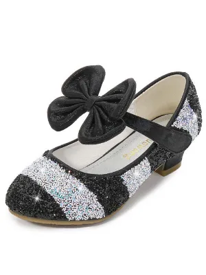 Girls Leather Glitter Heeled Bow Flats By Liv and Mia