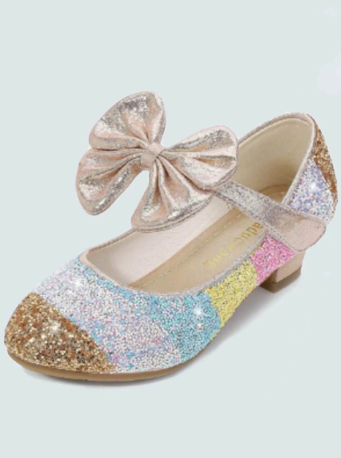 Girls Leather Glitter Heeled Bow Flats By Liv and Mia