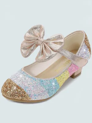 Girls Leather Glitter Heeled Bow Flats By Liv and Mia