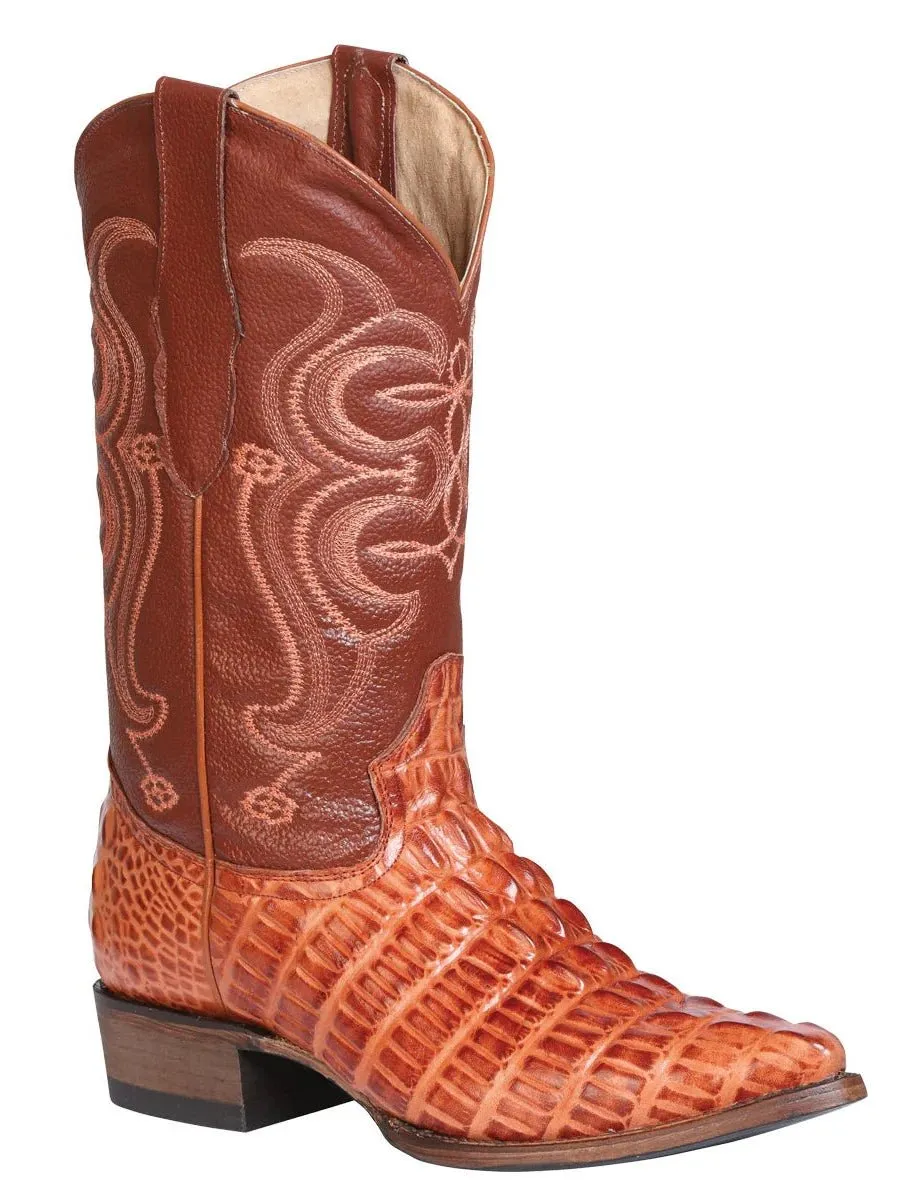 Men's Caiman Tail Print Leather Cowboy Boots 'El Señor de los Cielos' Cognac 40841