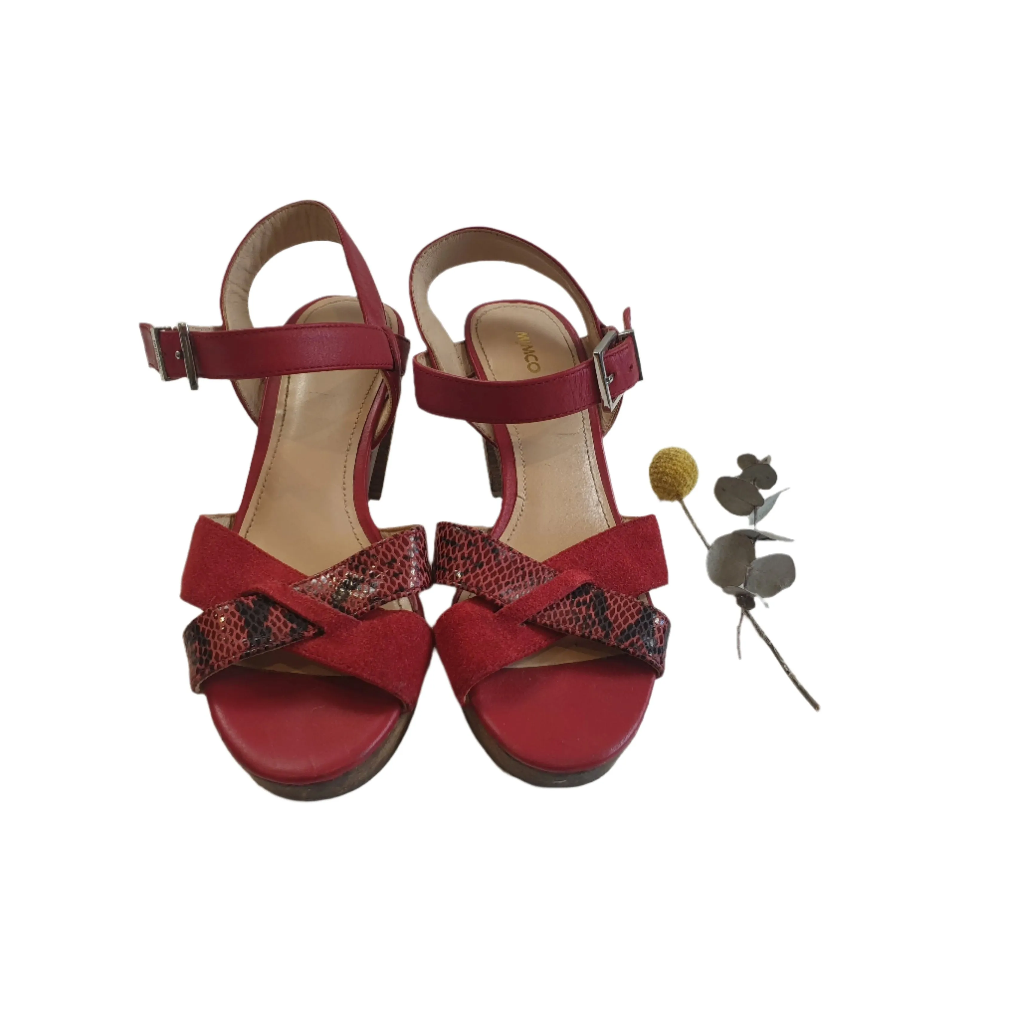 Mimco red leather strappy sandals with wooden heel size 37
