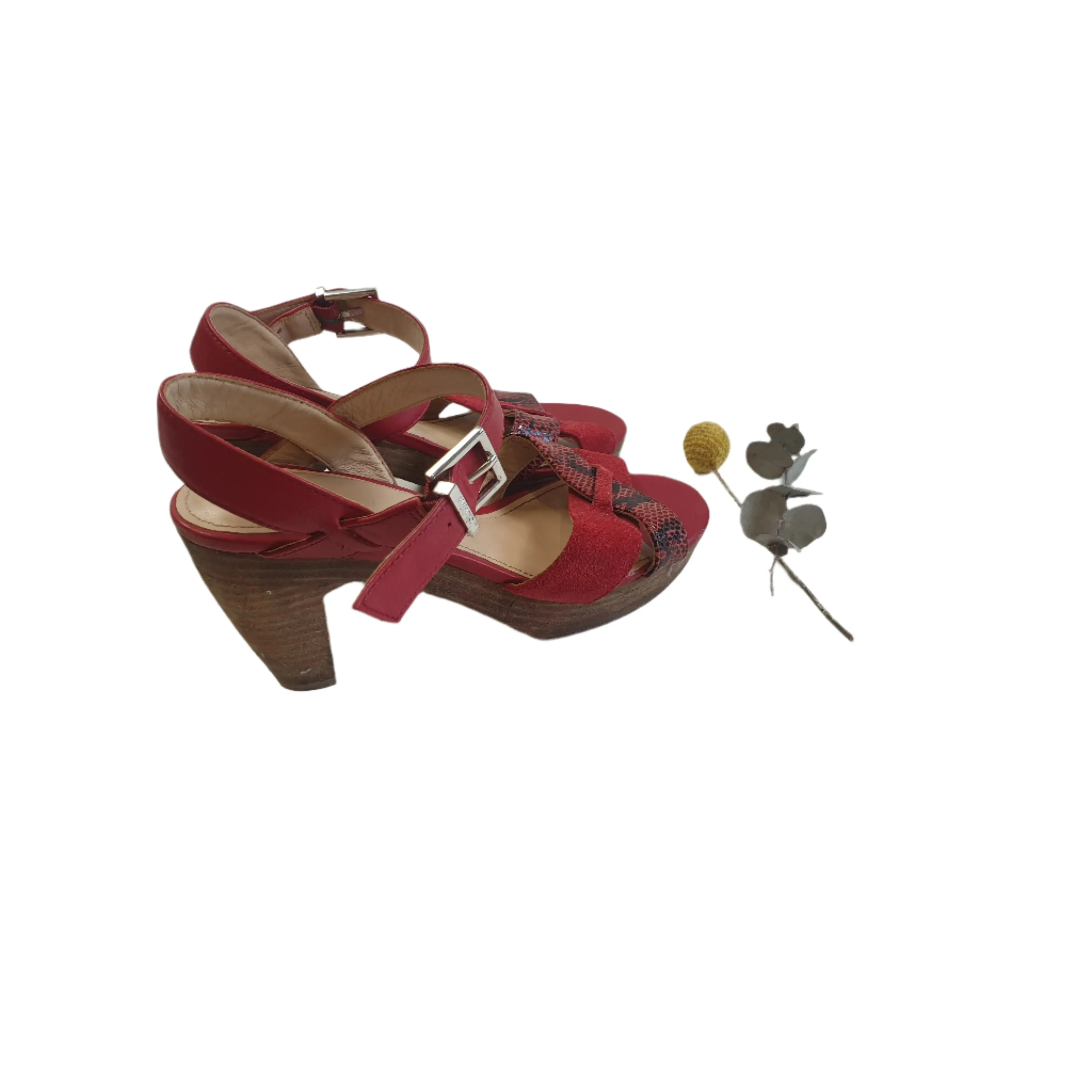 Mimco red leather strappy sandals with wooden heel size 37