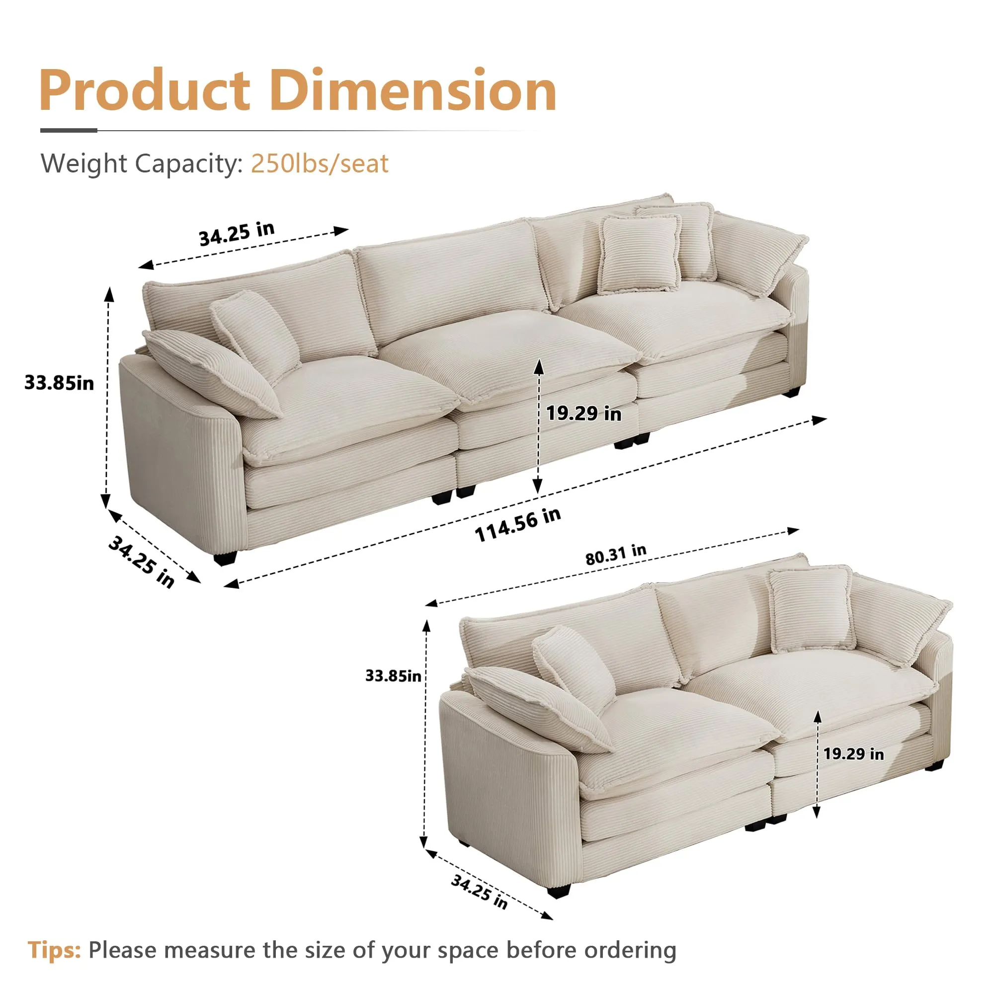 Nestglow Oversized 2 Piece Sofa Set for Living Room, 3-Seater & Loveseat Couch, Modular Sectional Deep Seat Corduroy Comfy Cloud Couches with 4 Armrest Pillows and 5 Toss Pillows, Beige