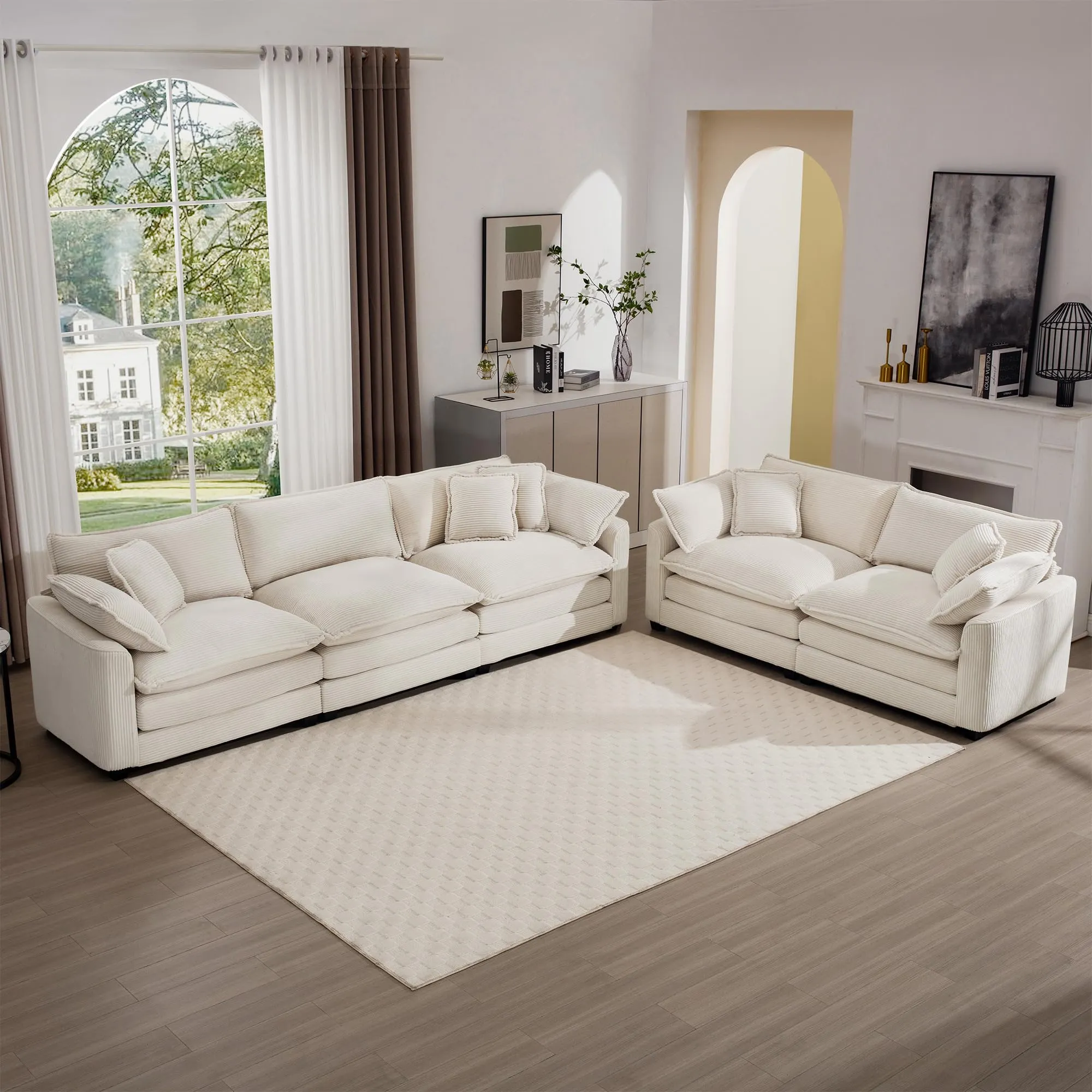Nestglow Oversized 2 Piece Sofa Set for Living Room, 3-Seater & Loveseat Couch, Modular Sectional Deep Seat Corduroy Comfy Cloud Couches with 4 Armrest Pillows and 5 Toss Pillows, Beige