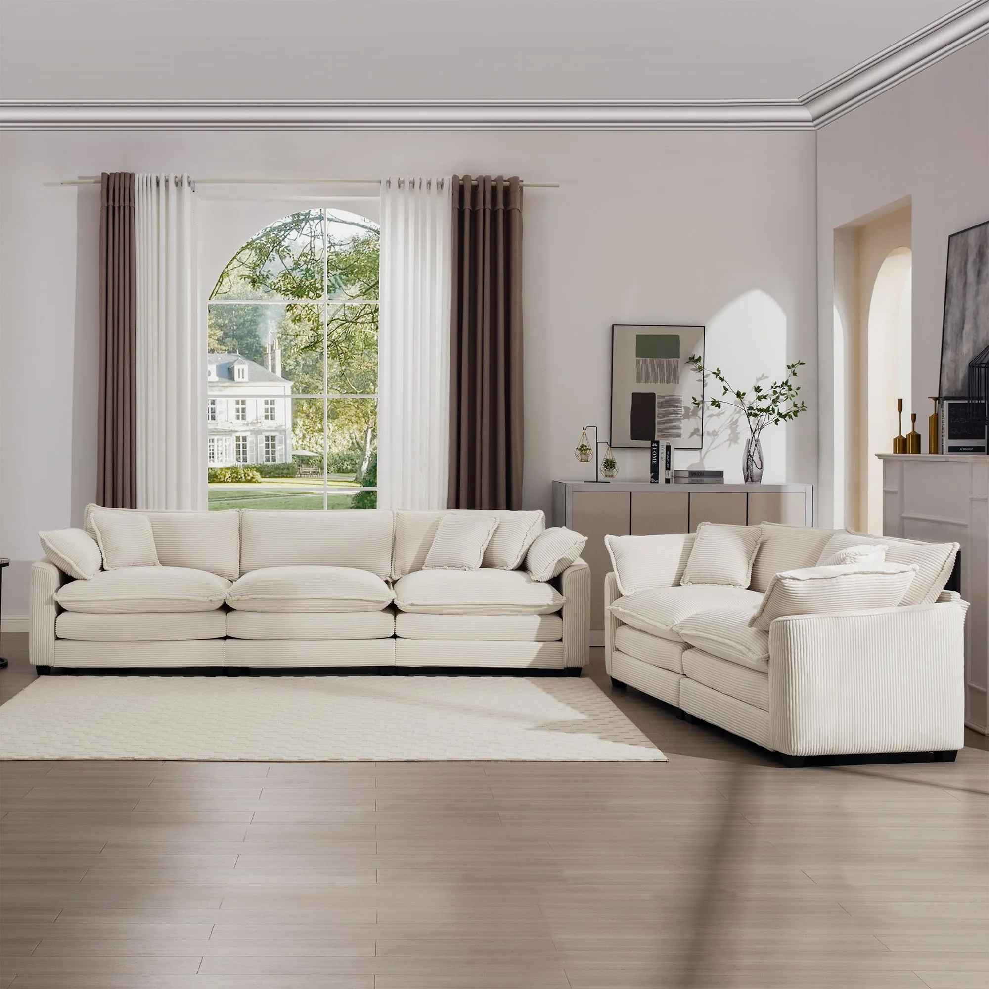 Nestglow Oversized 2 Piece Sofa Set for Living Room, 3-Seater & Loveseat Couch, Modular Sectional Deep Seat Corduroy Comfy Cloud Couches with 4 Armrest Pillows and 5 Toss Pillows, Beige