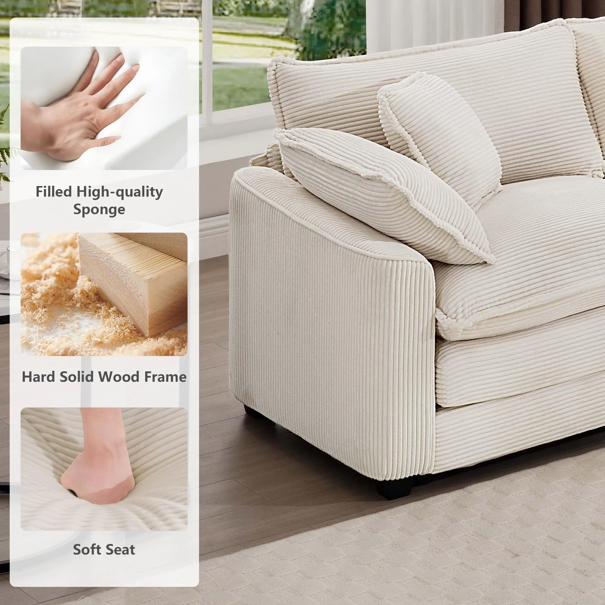 Nestglow Oversized 2 Piece Sofa Set for Living Room, 3-Seater & Loveseat Couch, Modular Sectional Deep Seat Corduroy Comfy Cloud Couches with 4 Armrest Pillows and 5 Toss Pillows, Beige
