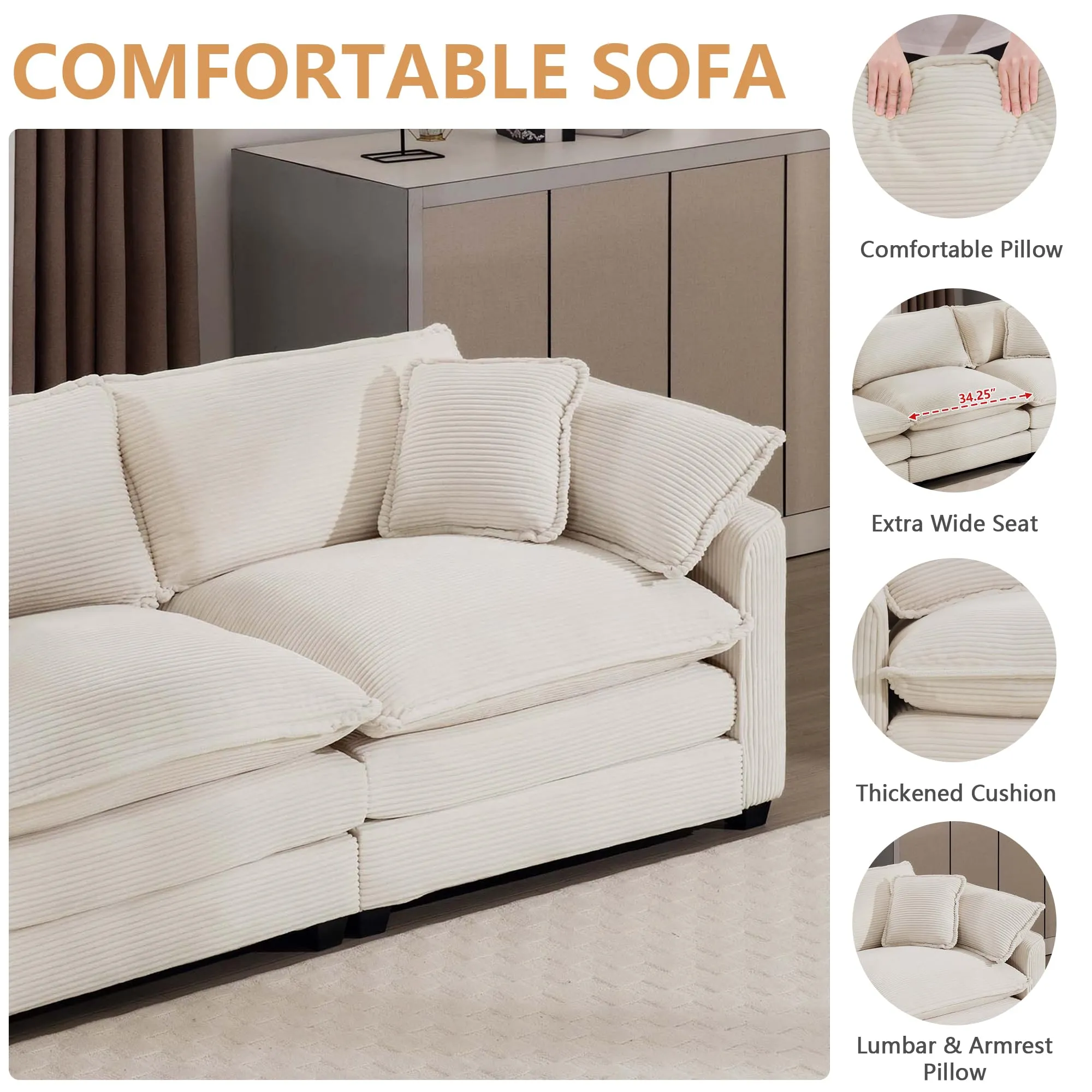 Nestglow Oversized 2 Piece Sofa Set for Living Room, 3-Seater & Loveseat Couch, Modular Sectional Deep Seat Corduroy Comfy Cloud Couches with 4 Armrest Pillows and 5 Toss Pillows, Beige