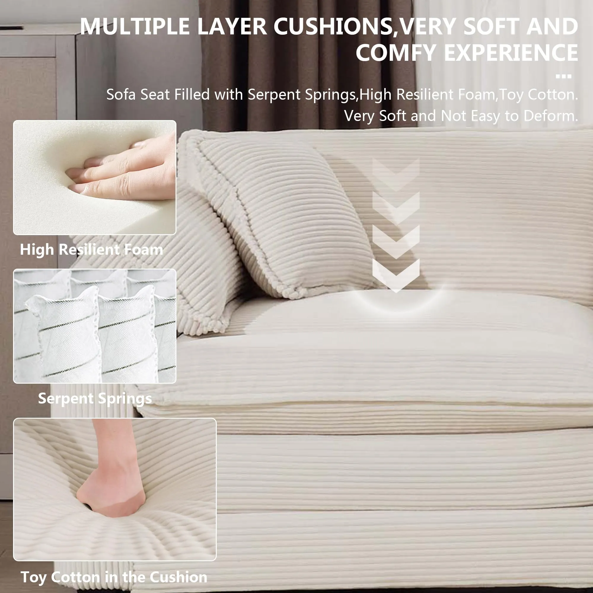 Nestglow Oversized 2 Piece Sofa Set for Living Room, 3-Seater & Loveseat Couch, Modular Sectional Deep Seat Corduroy Comfy Cloud Couches with 4 Armrest Pillows and 5 Toss Pillows, Beige