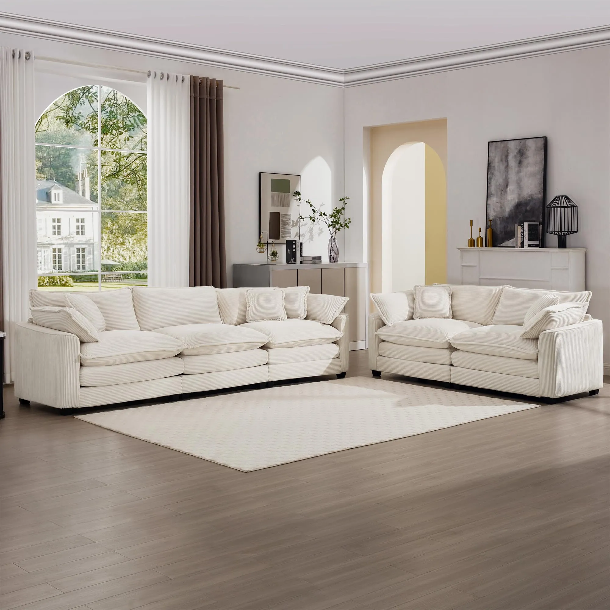 Nestglow Oversized 2 Piece Sofa Set for Living Room, 3-Seater & Loveseat Couch, Modular Sectional Deep Seat Corduroy Comfy Cloud Couches with 4 Armrest Pillows and 5 Toss Pillows, Beige