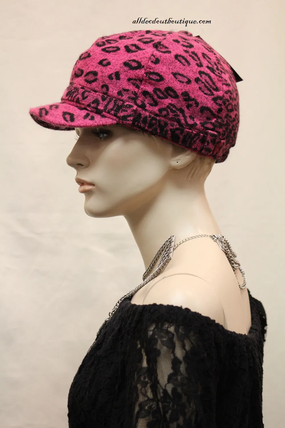 Newsboy Round Top Hat | Pink Leopard Print with Black Pendant Clear Rhinestones