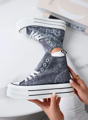 OLGA - Sneakers blu jeans alte con strass e suola platform