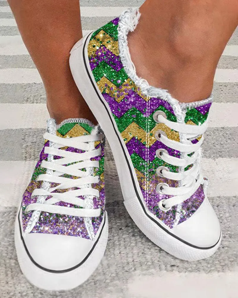 Ombre Print Eyelet Lace up Fringe Hem Sneakers