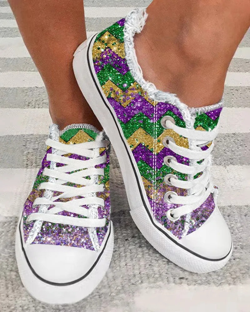 Ombre Print Eyelet Lace up Fringe Hem Sneakers