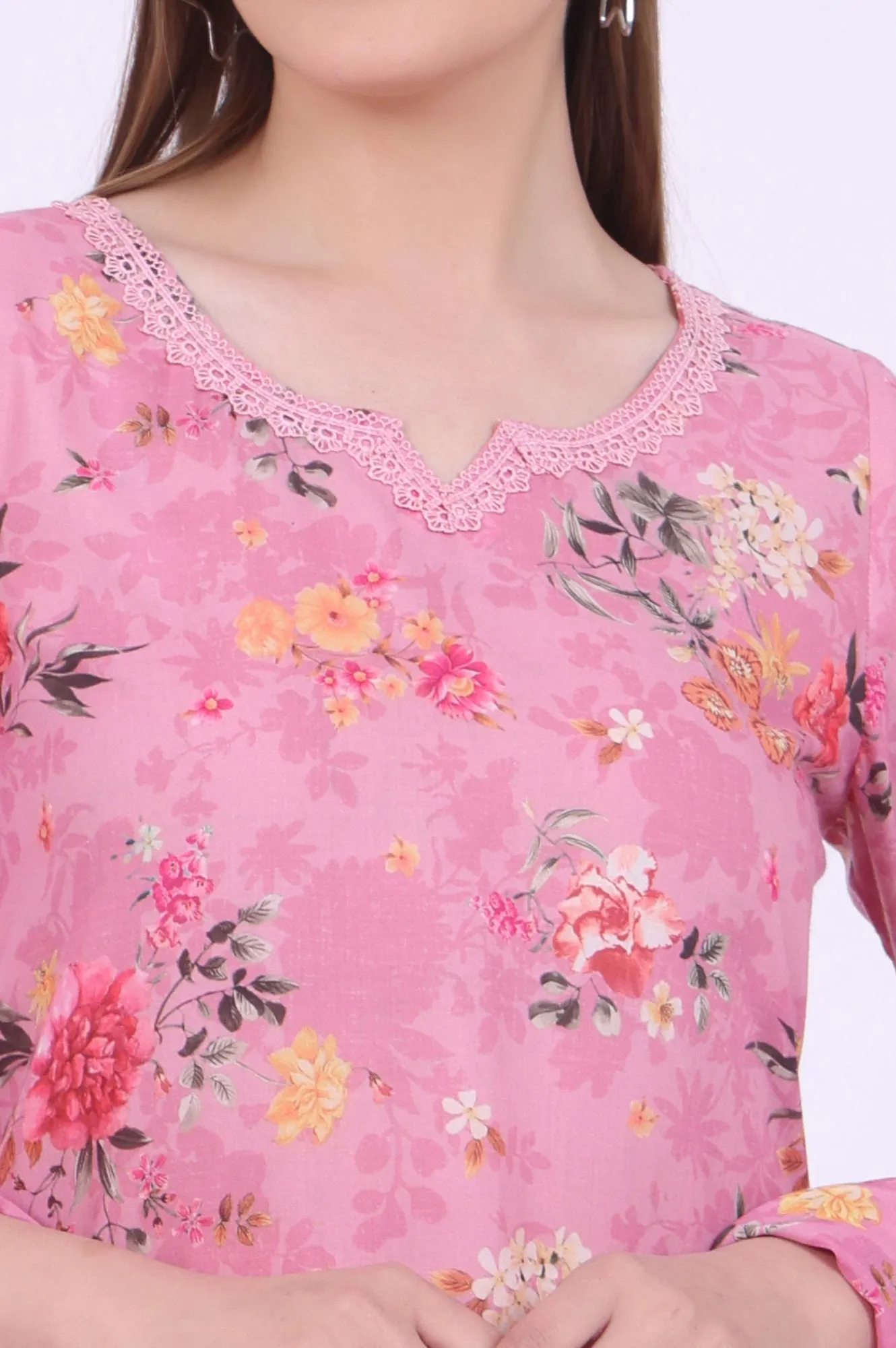 Pink Printed Asymmetrical Kurta with Trousers & Dupatta Set