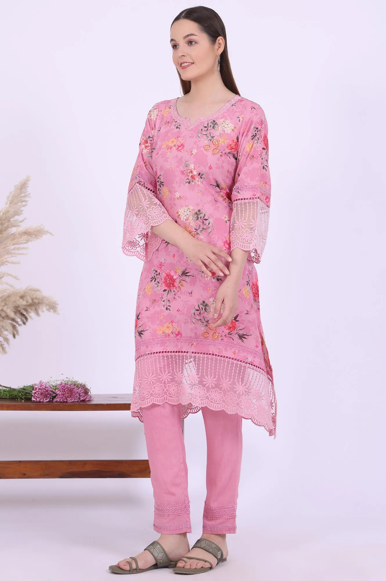 Pink Printed Asymmetrical Kurta with Trousers & Dupatta Set