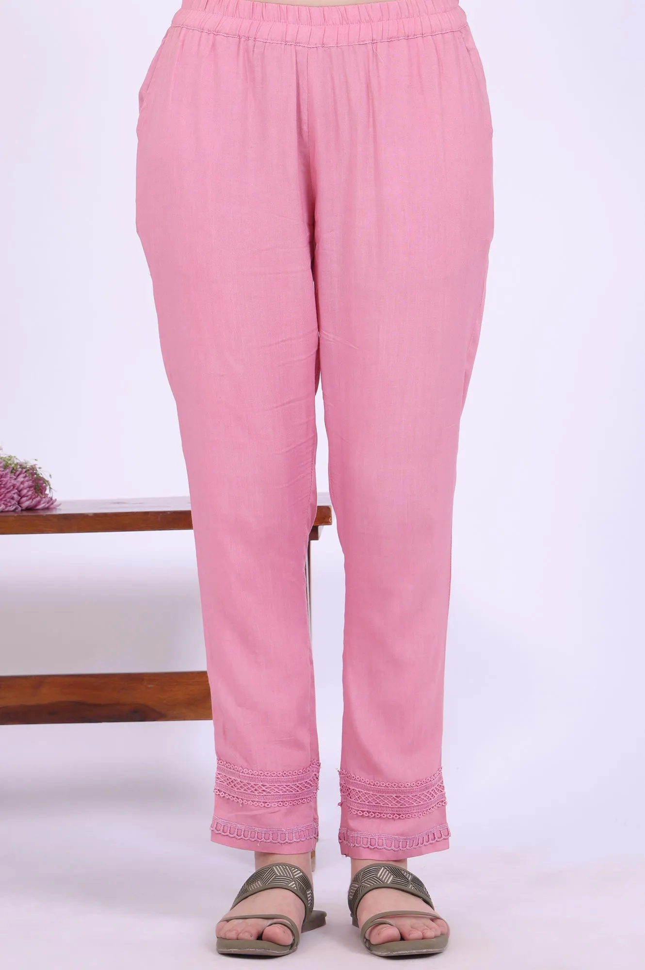 Pink Printed Asymmetrical Kurta with Trousers & Dupatta Set