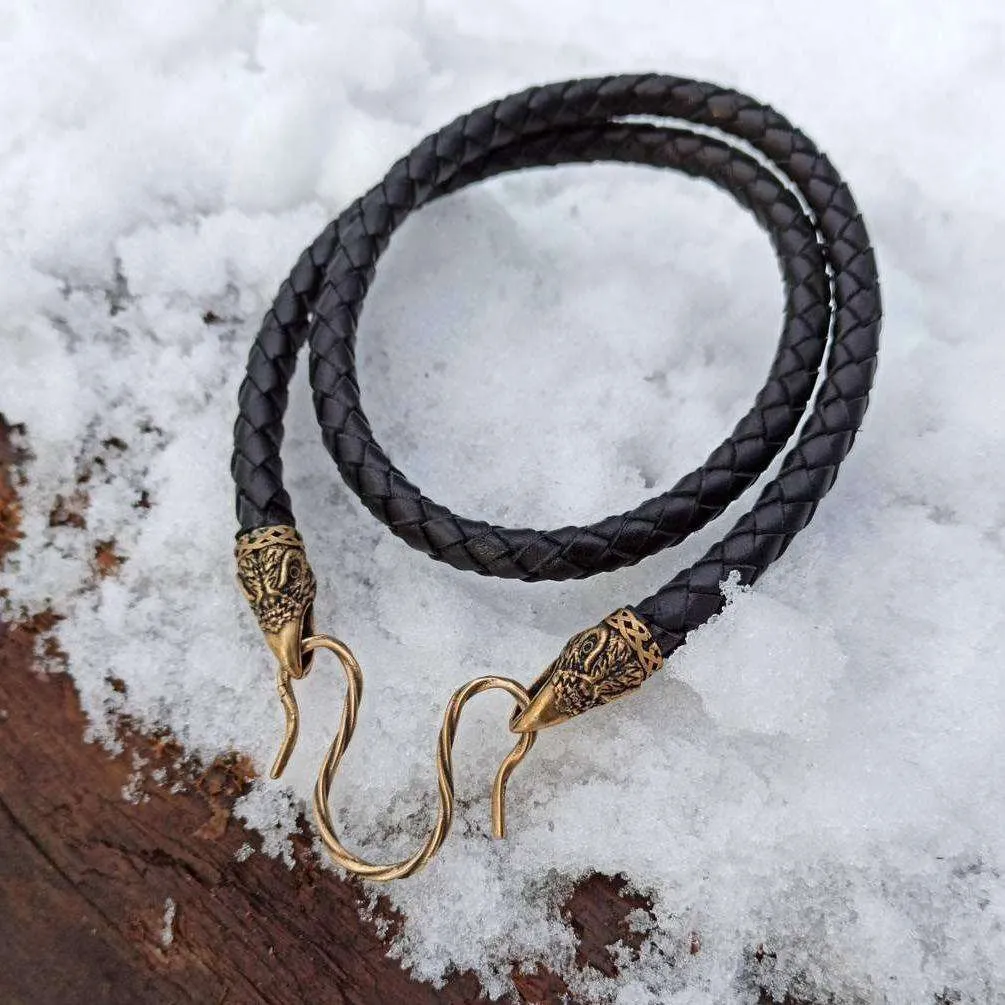 Raven Huginn and Muninn leather necklace with Bronze clasps