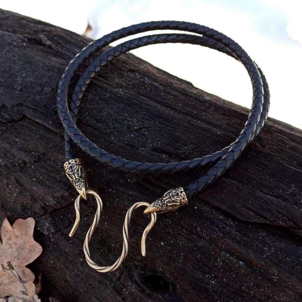 Raven Huginn and Muninn leather necklace with Bronze clasps