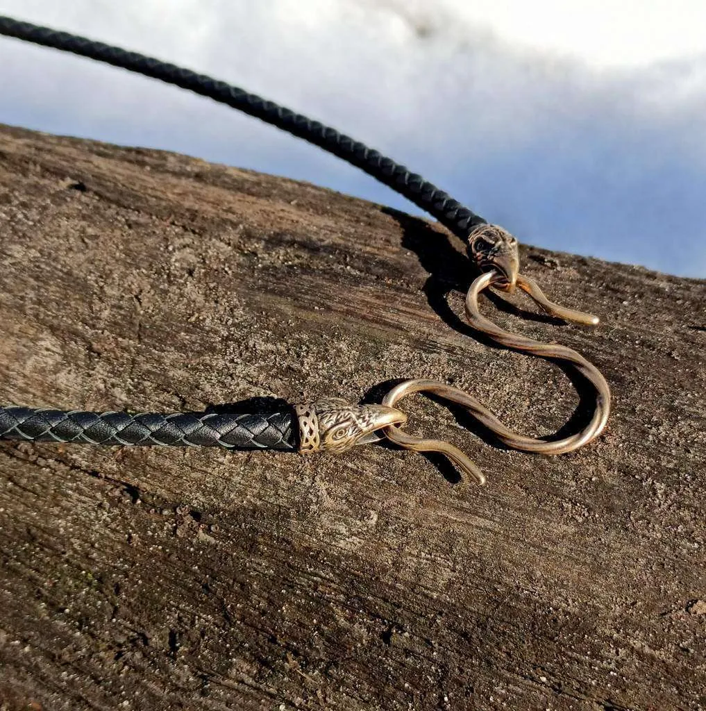 Raven Huginn and Muninn leather necklace with Bronze clasps