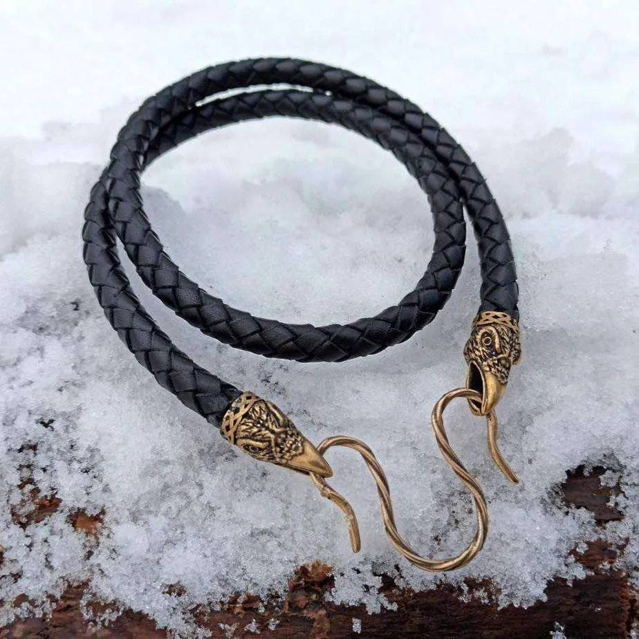Raven Huginn and Muninn leather necklace with Bronze clasps