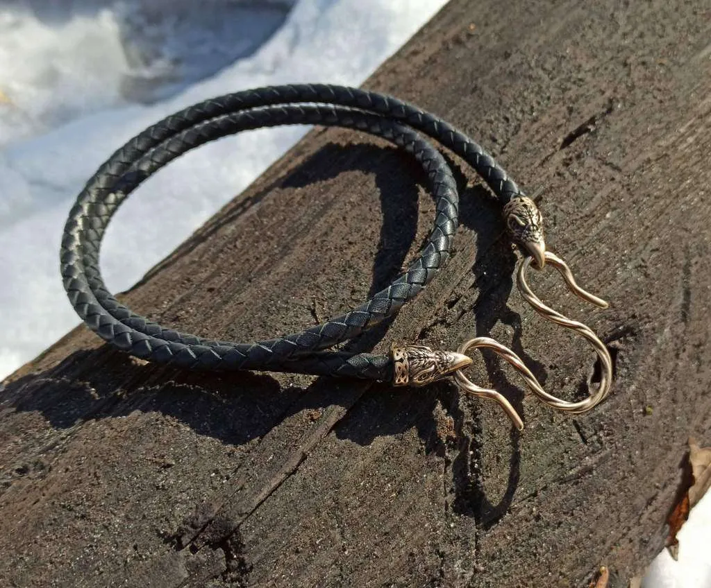 Raven Huginn and Muninn leather necklace with Bronze clasps