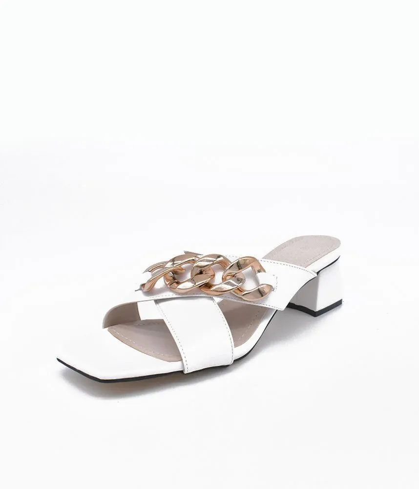 Stylish White Criss Cross Block Heel Mules