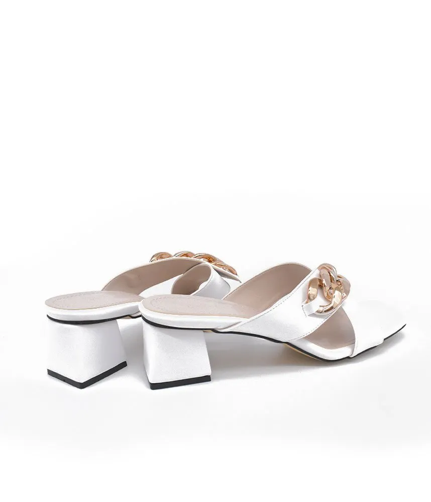 Stylish White Criss Cross Block Heel Mules