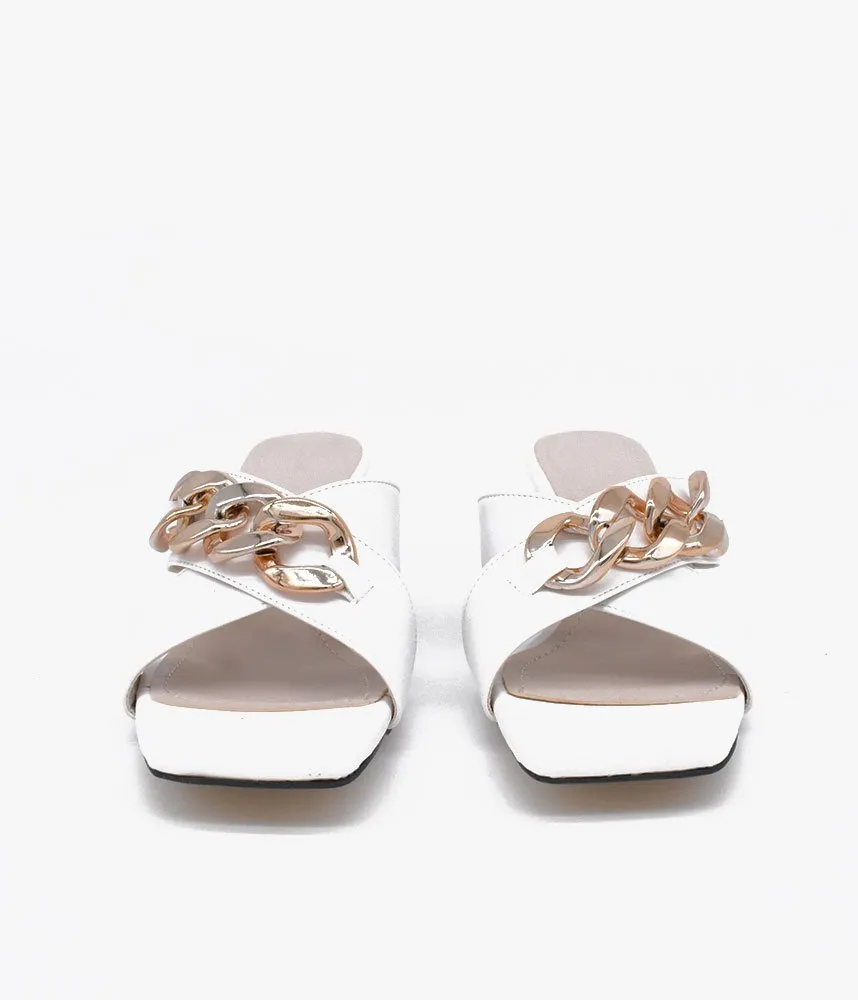Stylish White Criss Cross Block Heel Mules