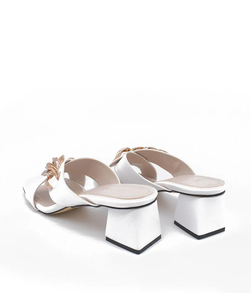 Stylish White Criss Cross Block Heel Mules