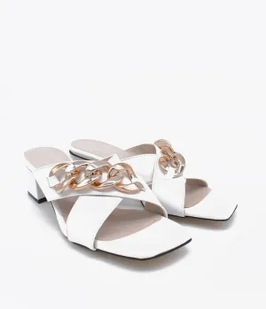 Stylish White Criss Cross Block Heel Mules