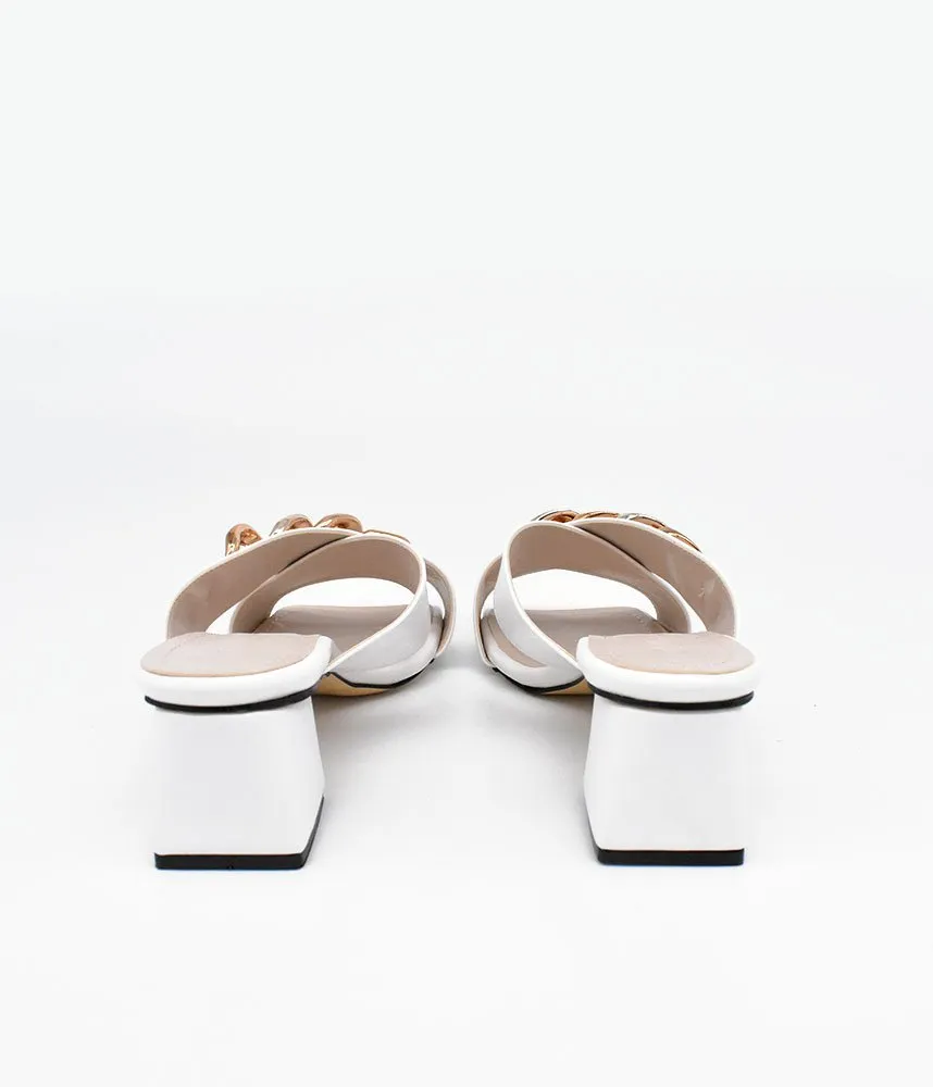 Stylish White Criss Cross Block Heel Mules