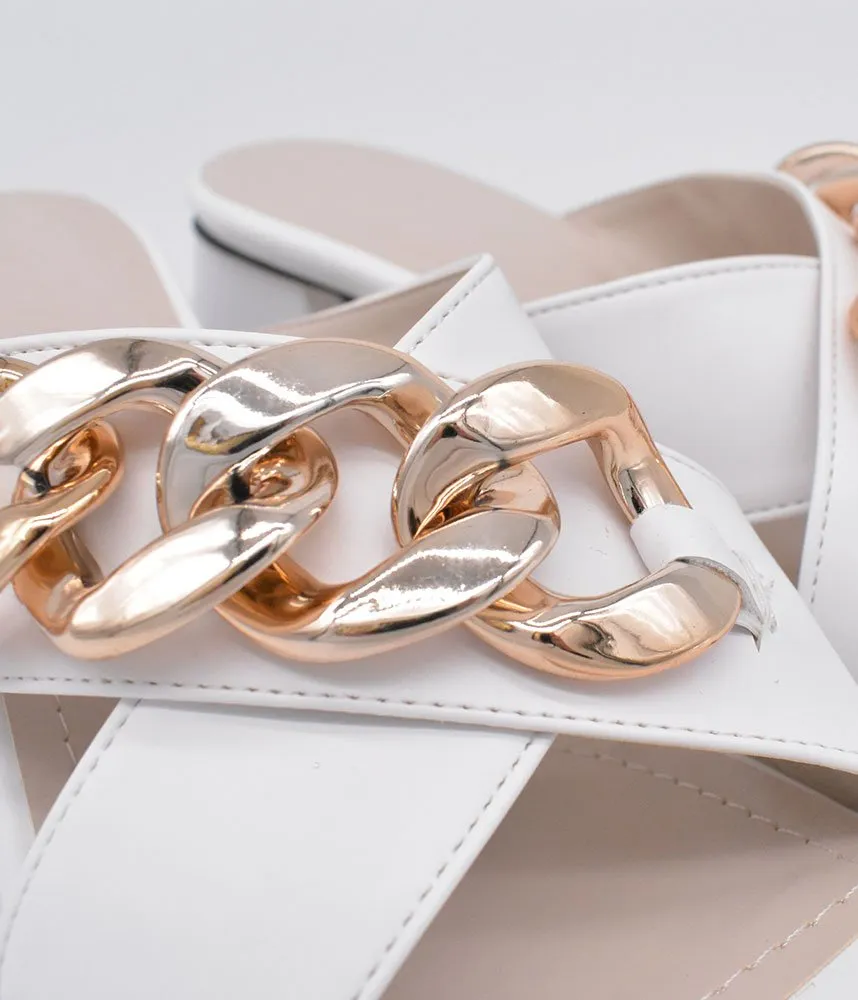 Stylish White Criss Cross Block Heel Mules
