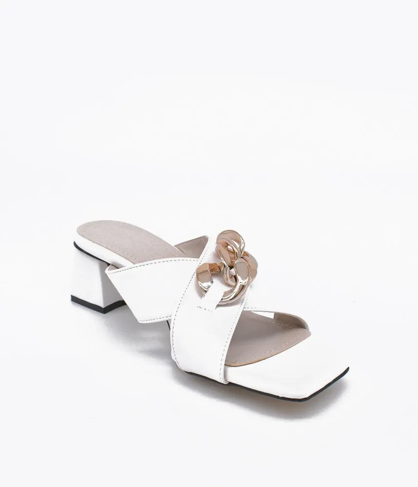 Stylish White Criss Cross Block Heel Mules