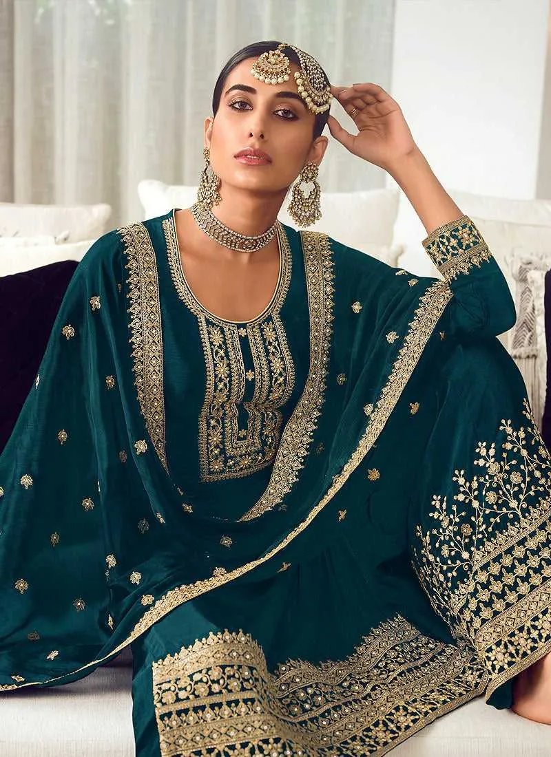 Teal and Gold Heavy Embroidered Stylish Palazzo Suit
