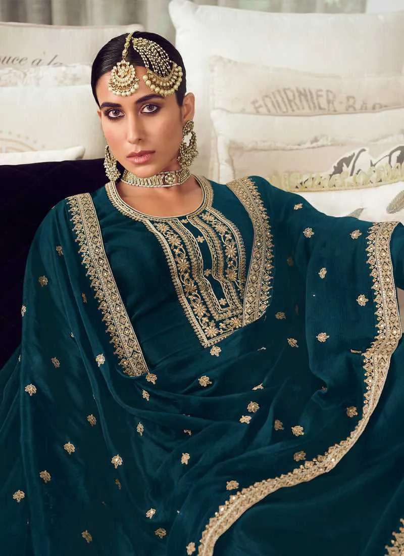Teal and Gold Heavy Embroidered Stylish Palazzo Suit