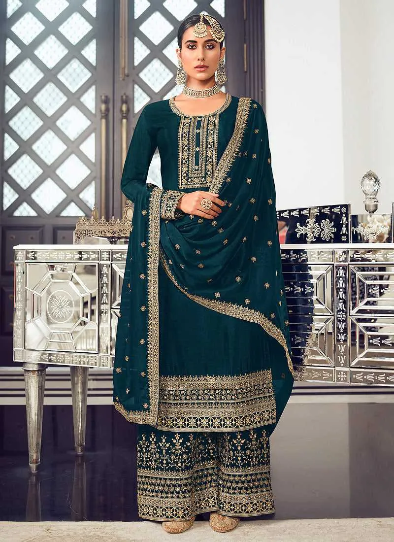 Teal and Gold Heavy Embroidered Stylish Palazzo Suit