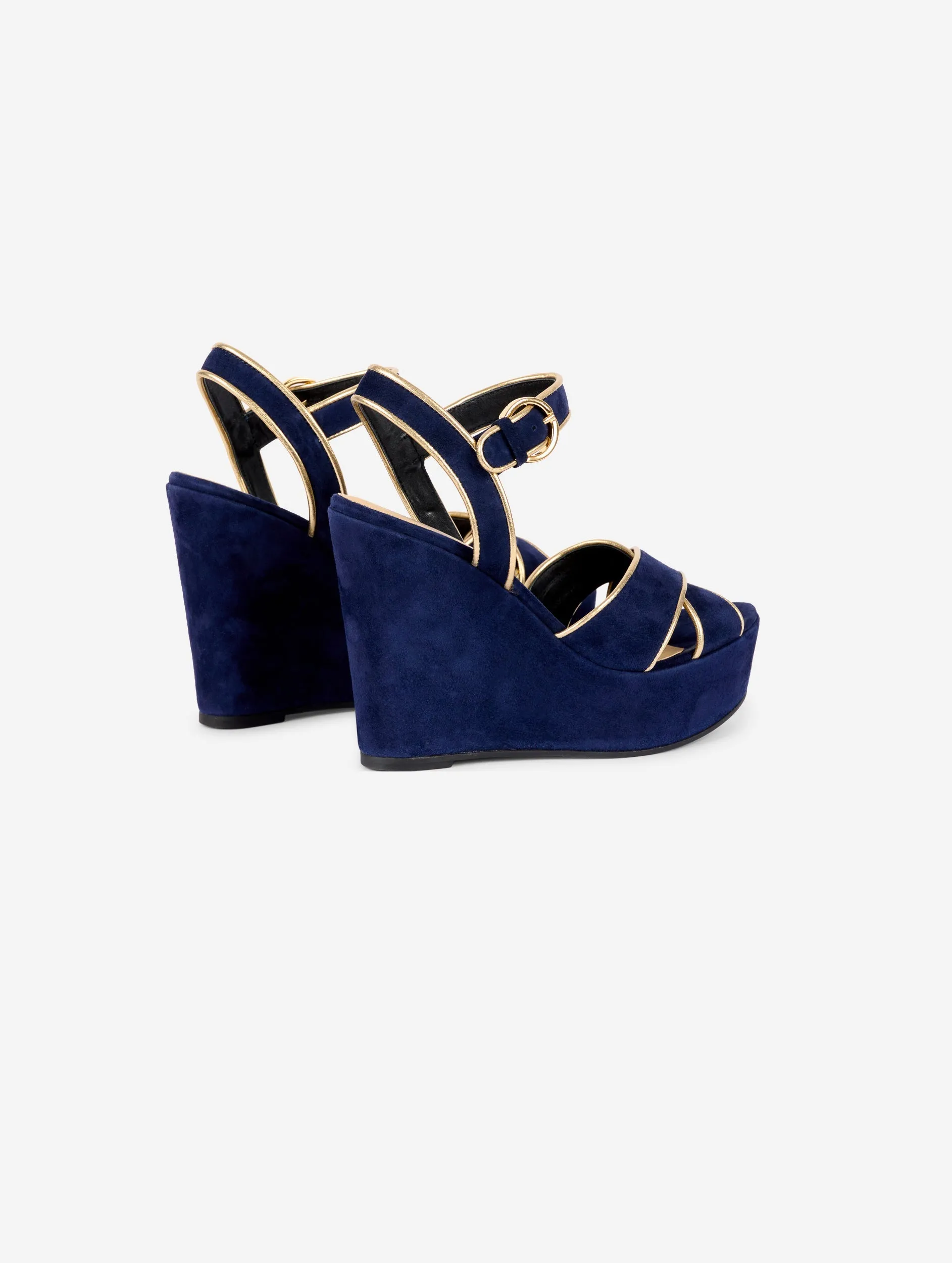 wedge sandals in gold-trimmed navy suede