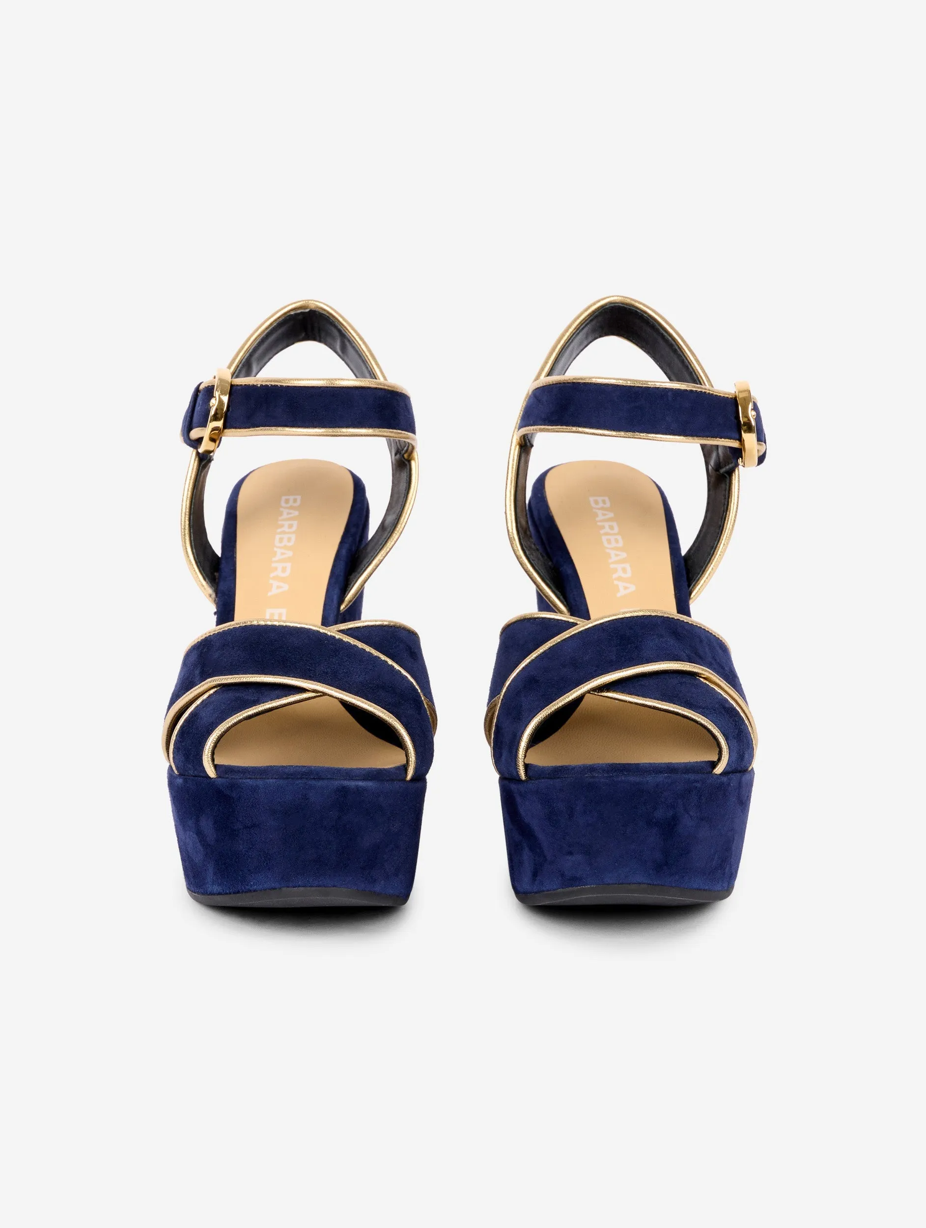 wedge sandals in gold-trimmed navy suede