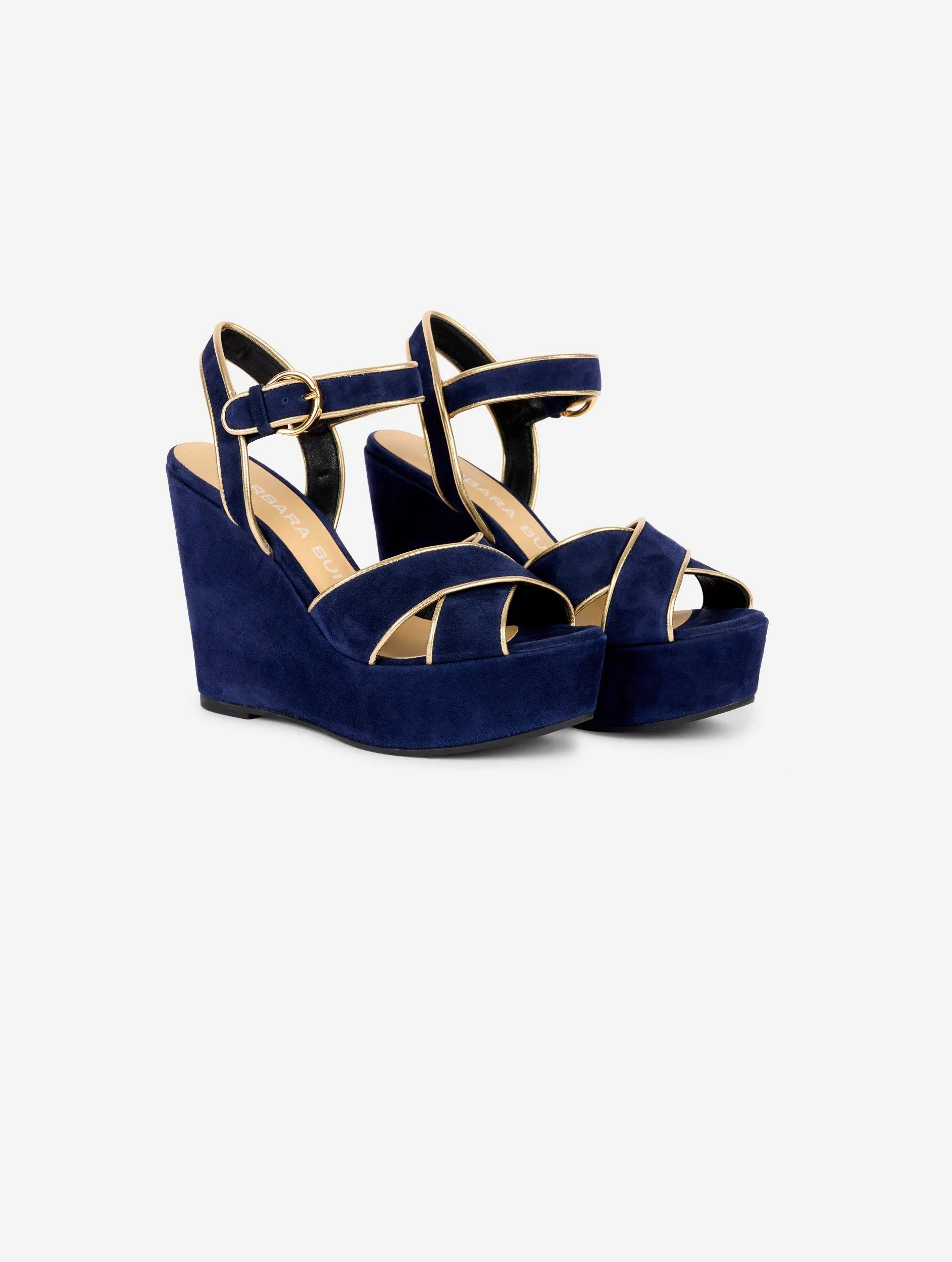wedge sandals in gold-trimmed navy suede