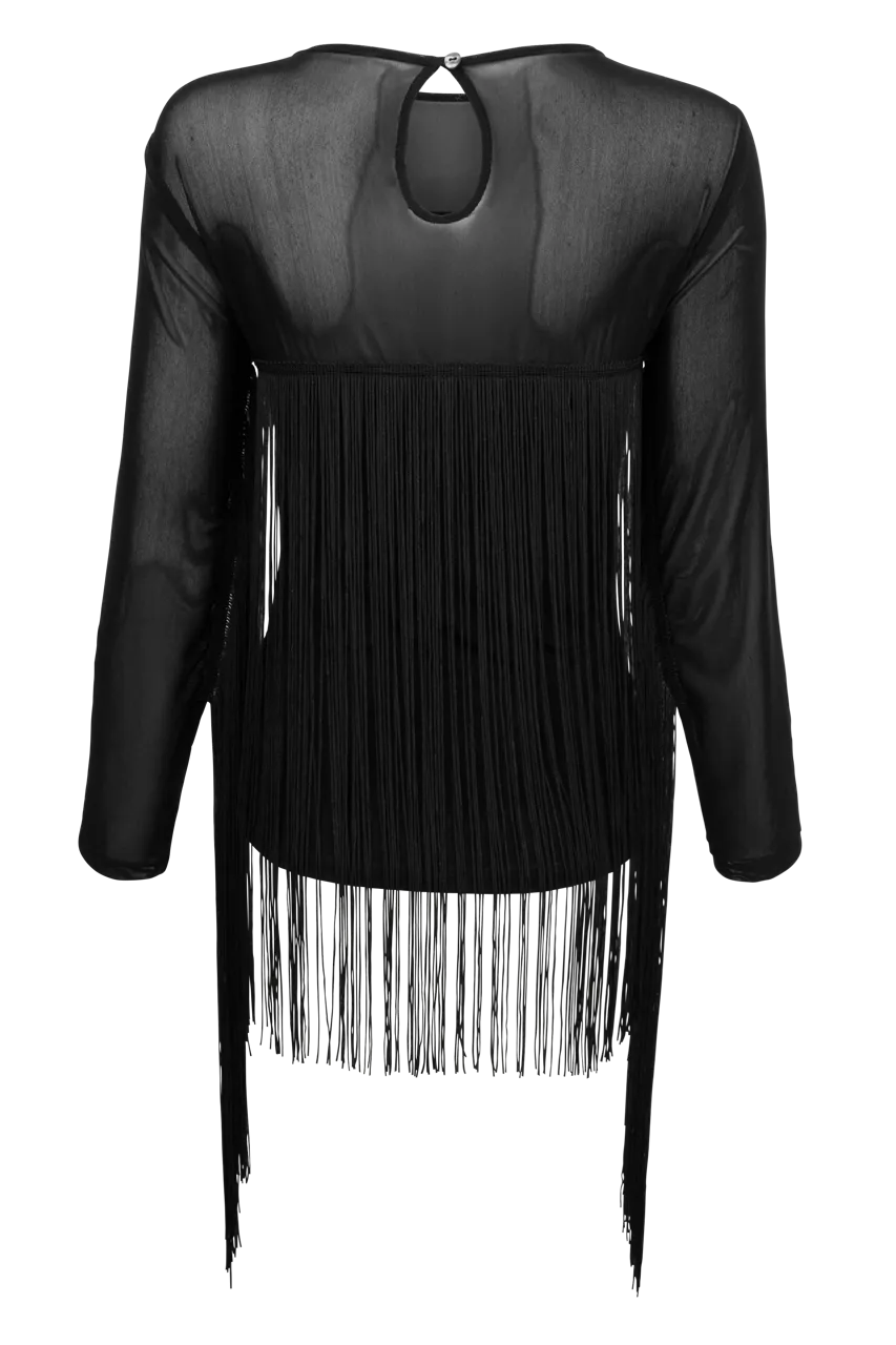Western Inspired Black Mesh Top w/ Fringe Details, by Vintage Collection