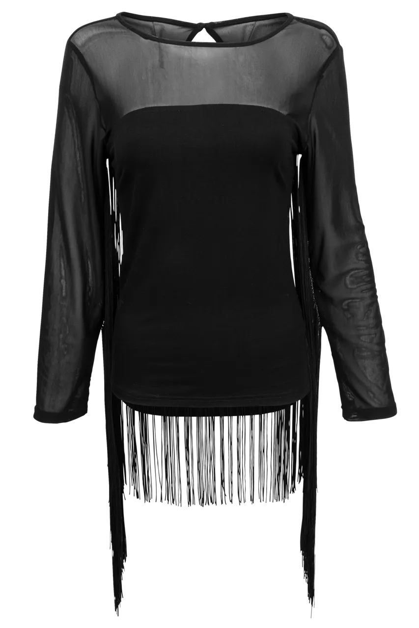 Western Inspired Black Mesh Top w/ Fringe Details, by Vintage Collection