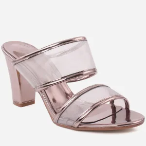 Women "DELPHINE" Shiny Dual Net Strap Slide Block Heel Sandals
