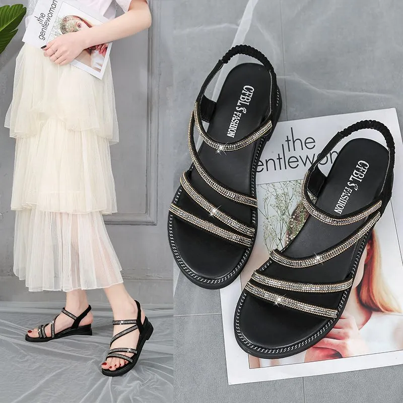 Women's Sandals | Stylish Korean Style Flat Sandals: Rhinestone Fairy All-match Fashion