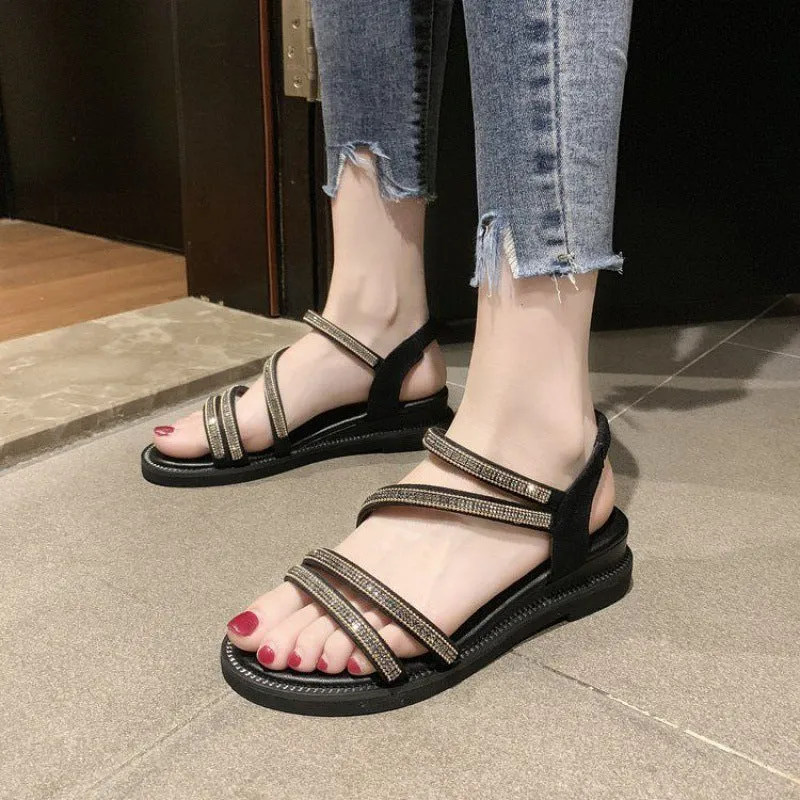 Women's Sandals | Stylish Korean Style Flat Sandals: Rhinestone Fairy All-match Fashion