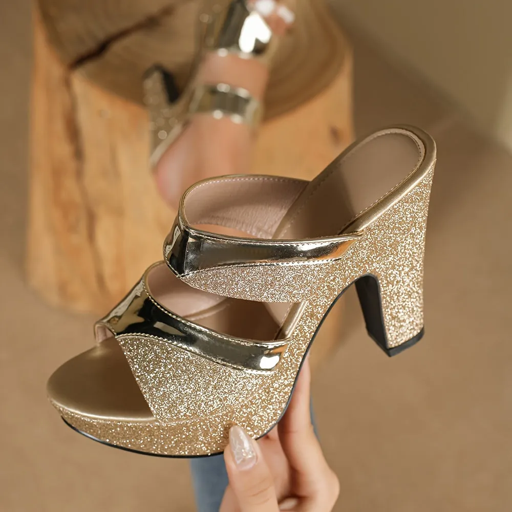 xieyinshe  Women's Platform Sequins High Heels, Fashion Peep Toe Slip On Block Heeled Sandals, Stylish Party & Wedding Sandals for Music Festival