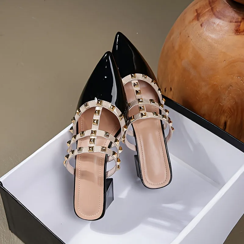 xieyinshe  Women's Stylish Sandals, Rivet Decor Slip On Elegant Dressy Chunky Heels, Point Toe Party Sandals