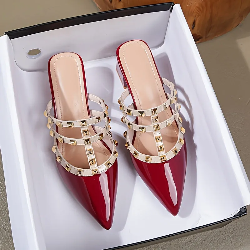 xieyinshe  Women's Stylish Sandals, Rivet Decor Slip On Elegant Dressy Chunky Heels, Point Toe Party Sandals