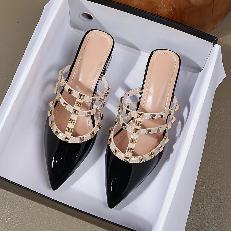 xieyinshe  Women's Stylish Sandals, Rivet Decor Slip On Elegant Dressy Chunky Heels, Point Toe Party Sandals